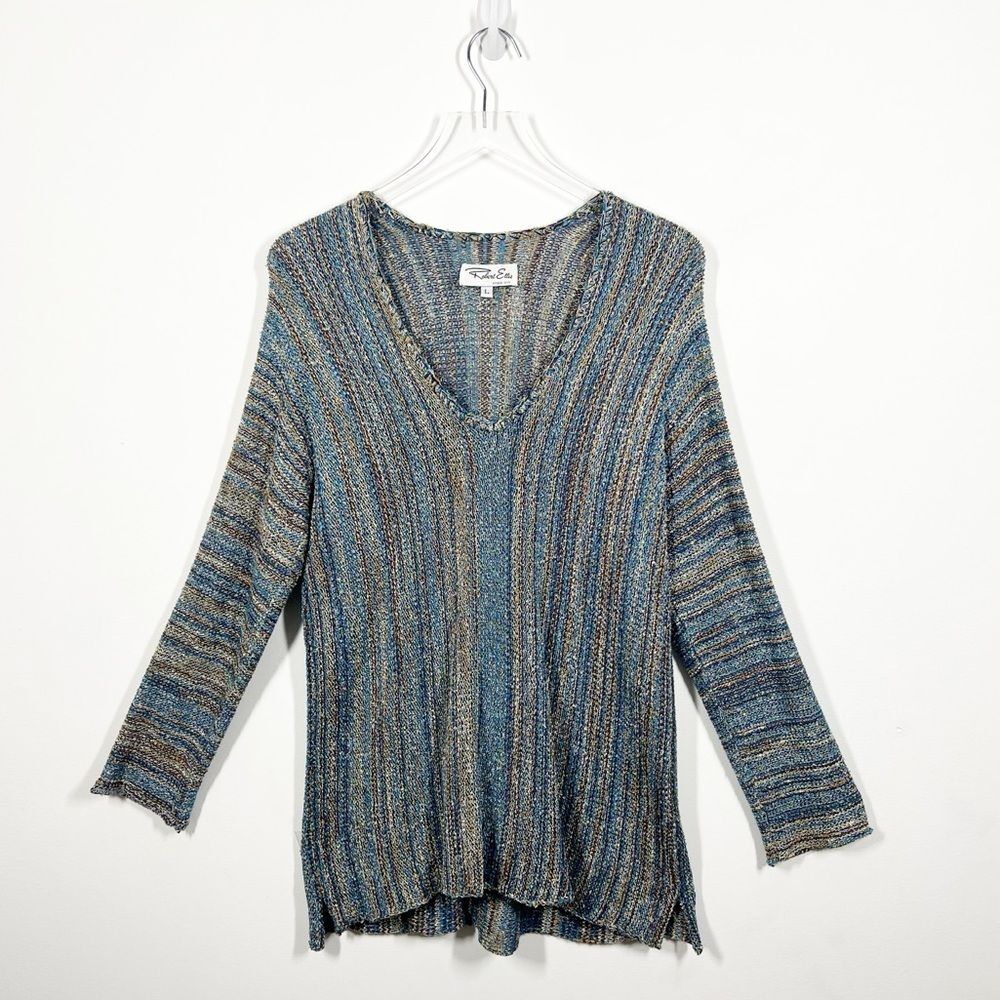 Georgina Estefania Women's Size Large Blue Muti Striped Knit V Neck Sweater